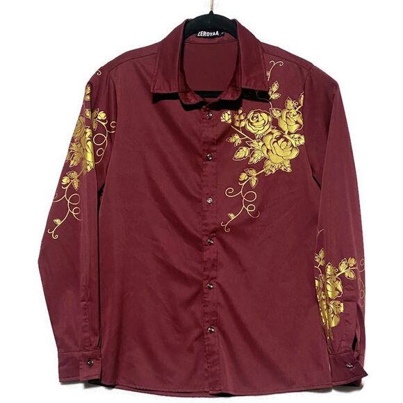 Zeroyaa Embroidered Shirt Men's Small Burgundy Red Snap Buttons Long Sleeve - Picture 1 of 9